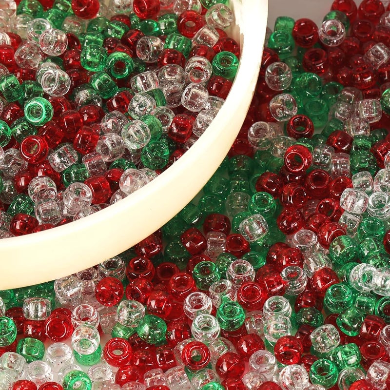 FINEWEN Christmas Beads(1200Pcs 6x9mm) Pony Beads Bulk, Red White Green Glitter Bead for Hair Braids, Christmas Decoration,Friendship Crafts (Xmas Glitter) - Image 2